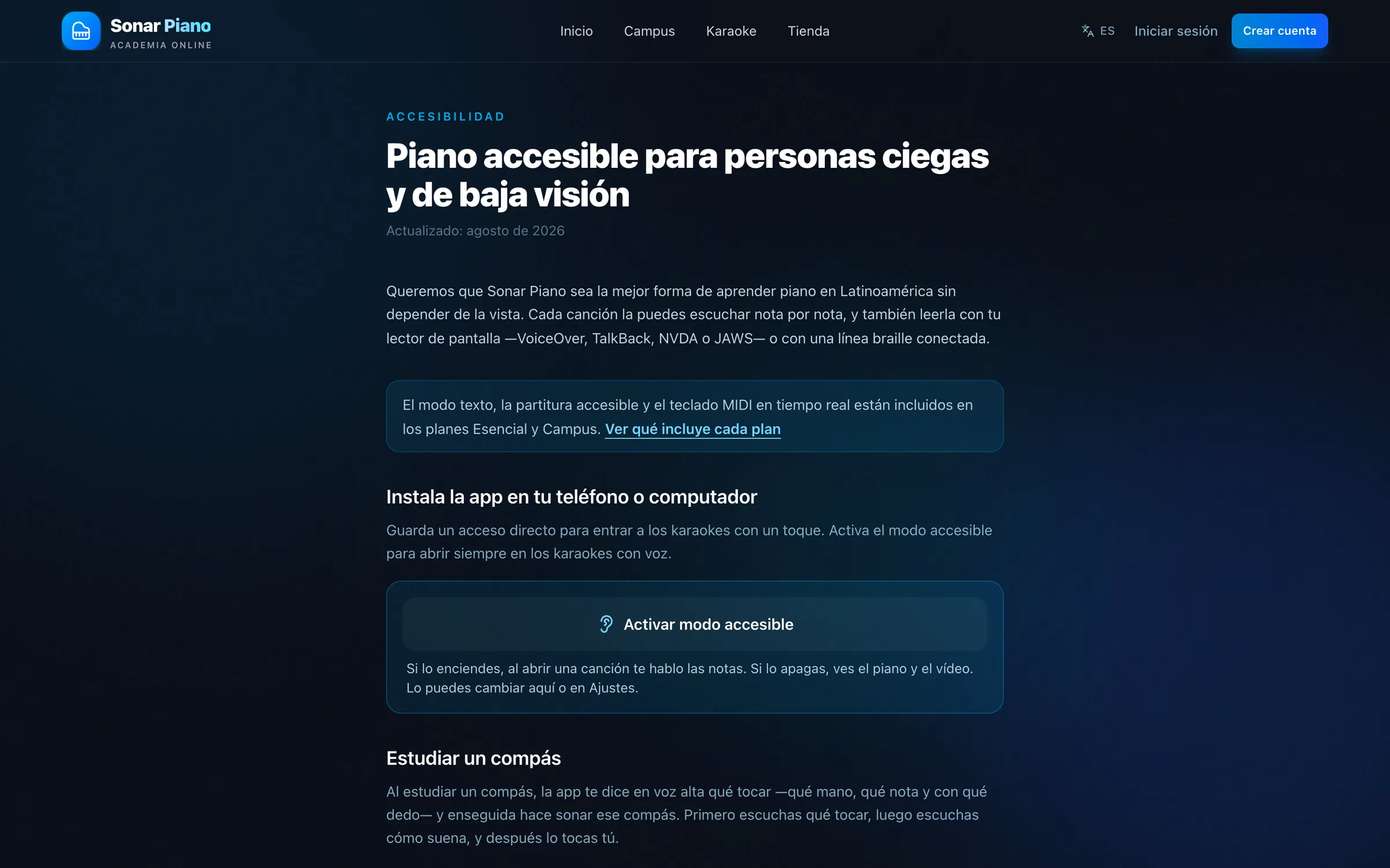 Página de piano accesible para personas ciegas y de baja visión