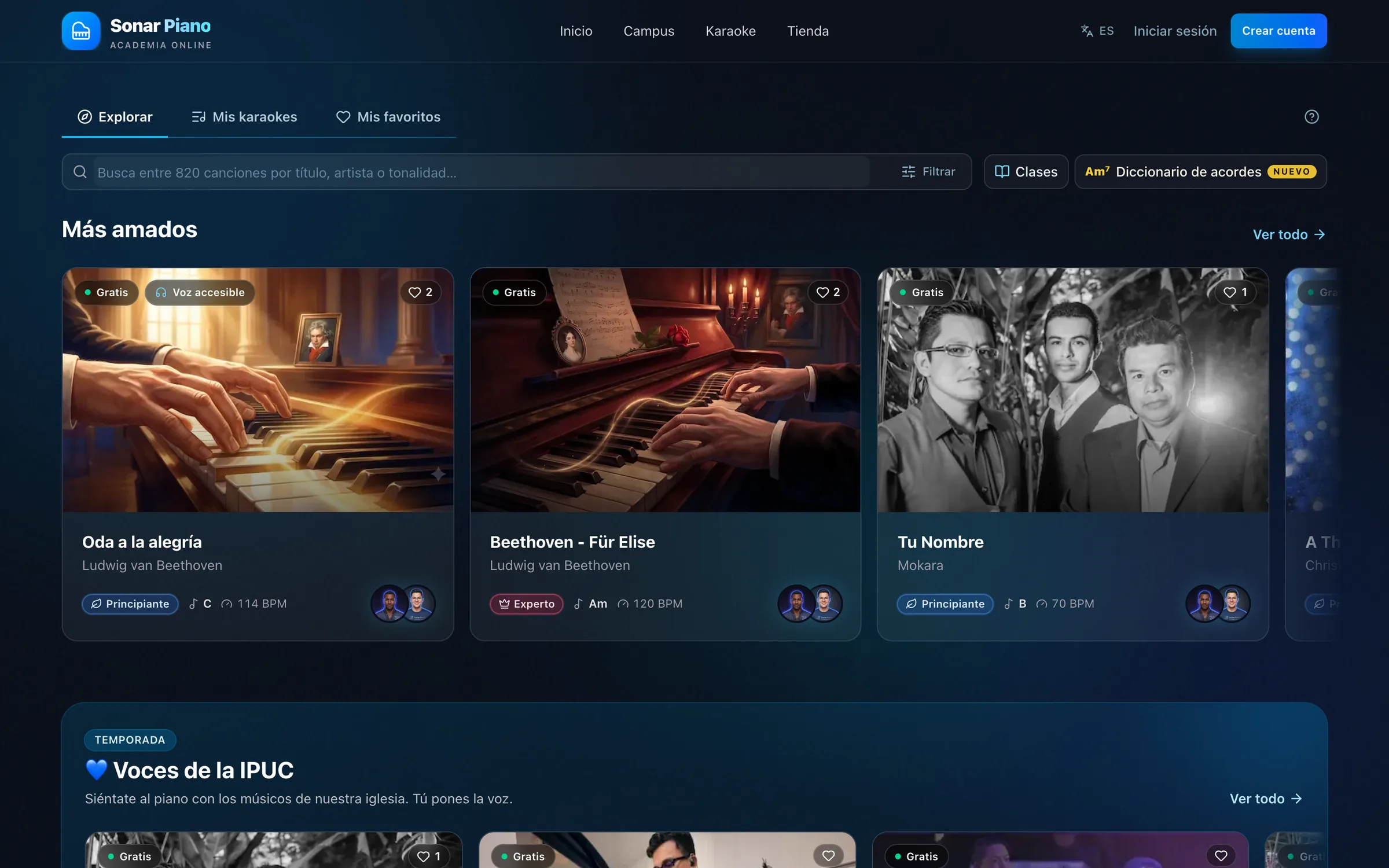 Catálogo de karaokes de SonarPiano con canciones de varios estilos
