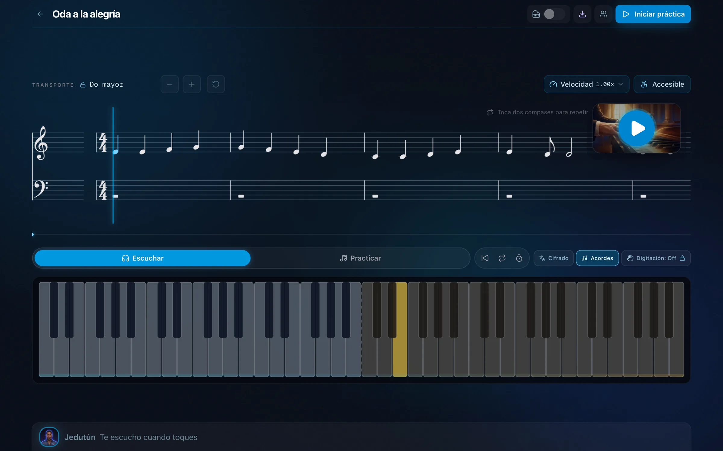 Oda a la alegría en el karaoke: la partitura avanza y el teclado marca la nota